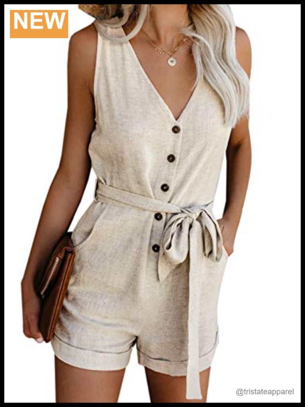 Sleeveless Button Down Tie Waist Romper with Pockets Short Jumpsuit Playsuit